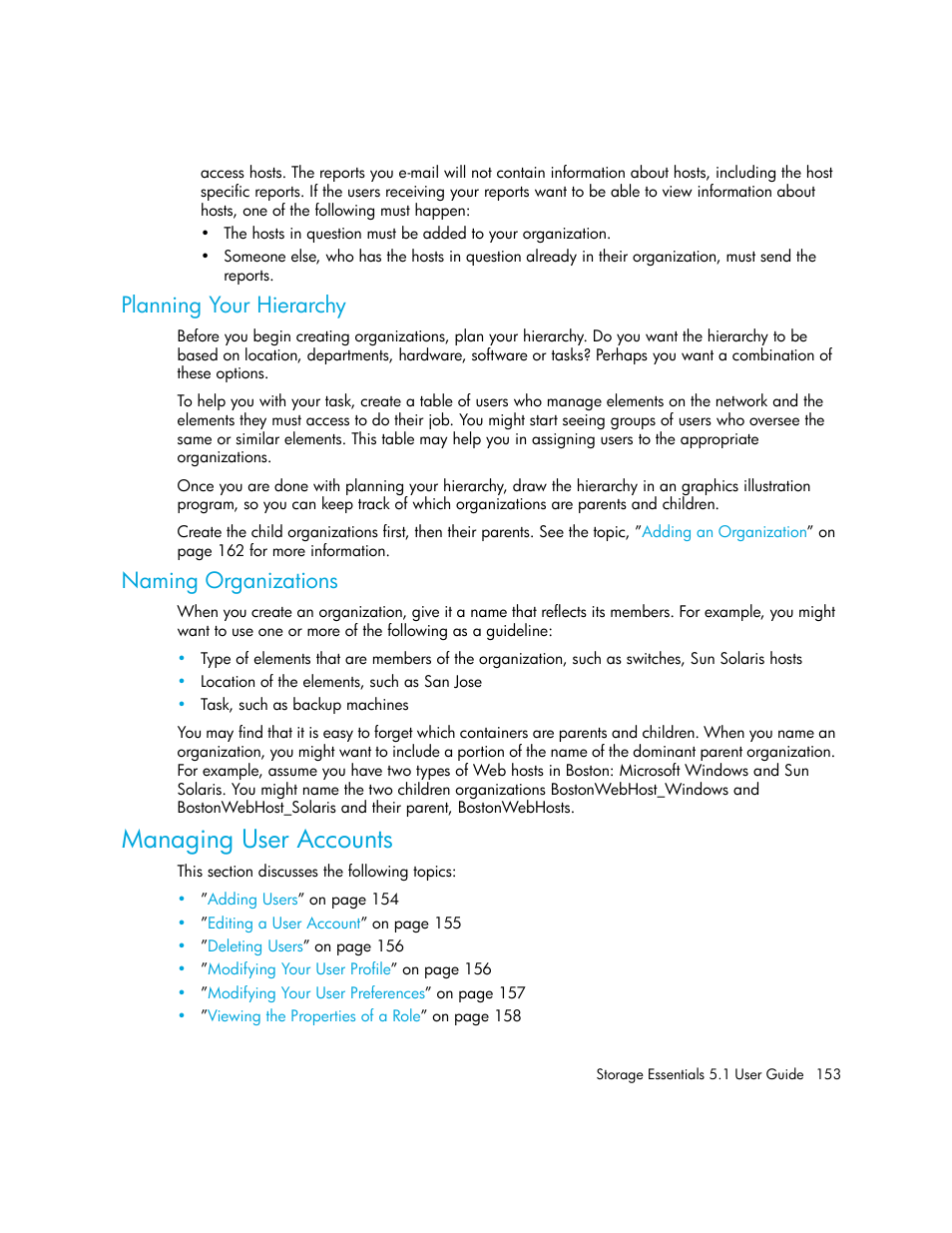 Planning your hierarchy, Naming organizations, Managing user accounts | HP Storage Essentials NAS Manager Software User Manual | Page 185 / 770