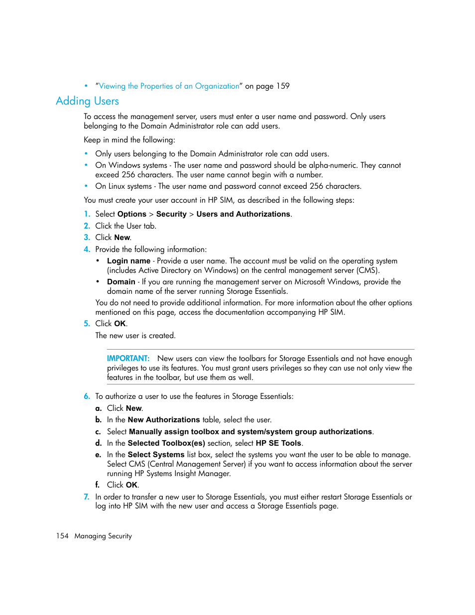 Adding users | HP Storage Essentials NAS Manager Software User Manual | Page 186 / 770