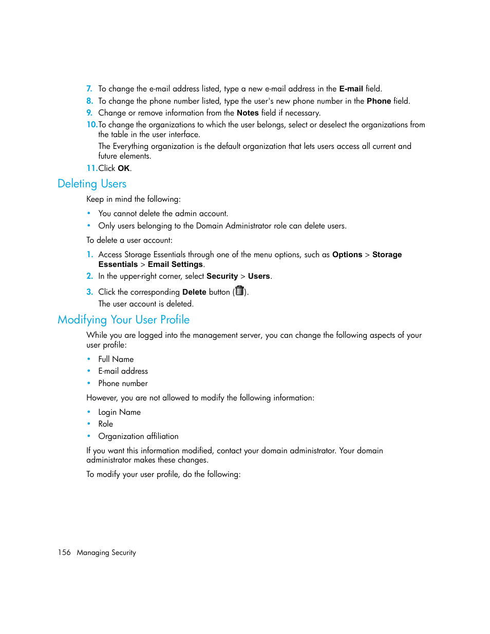 Deleting users, Modifying your user profile | HP Storage Essentials NAS Manager Software User Manual | Page 188 / 770