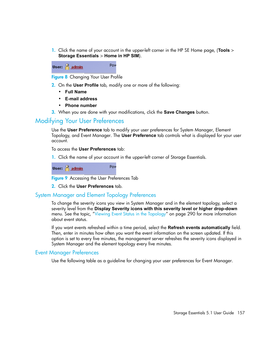 Modifying your user preferences, System manager and element topology preferences, Event manager preferences | 8 changing your user profile, 9 accessing the user preferences tab | HP Storage Essentials NAS Manager Software User Manual | Page 189 / 770