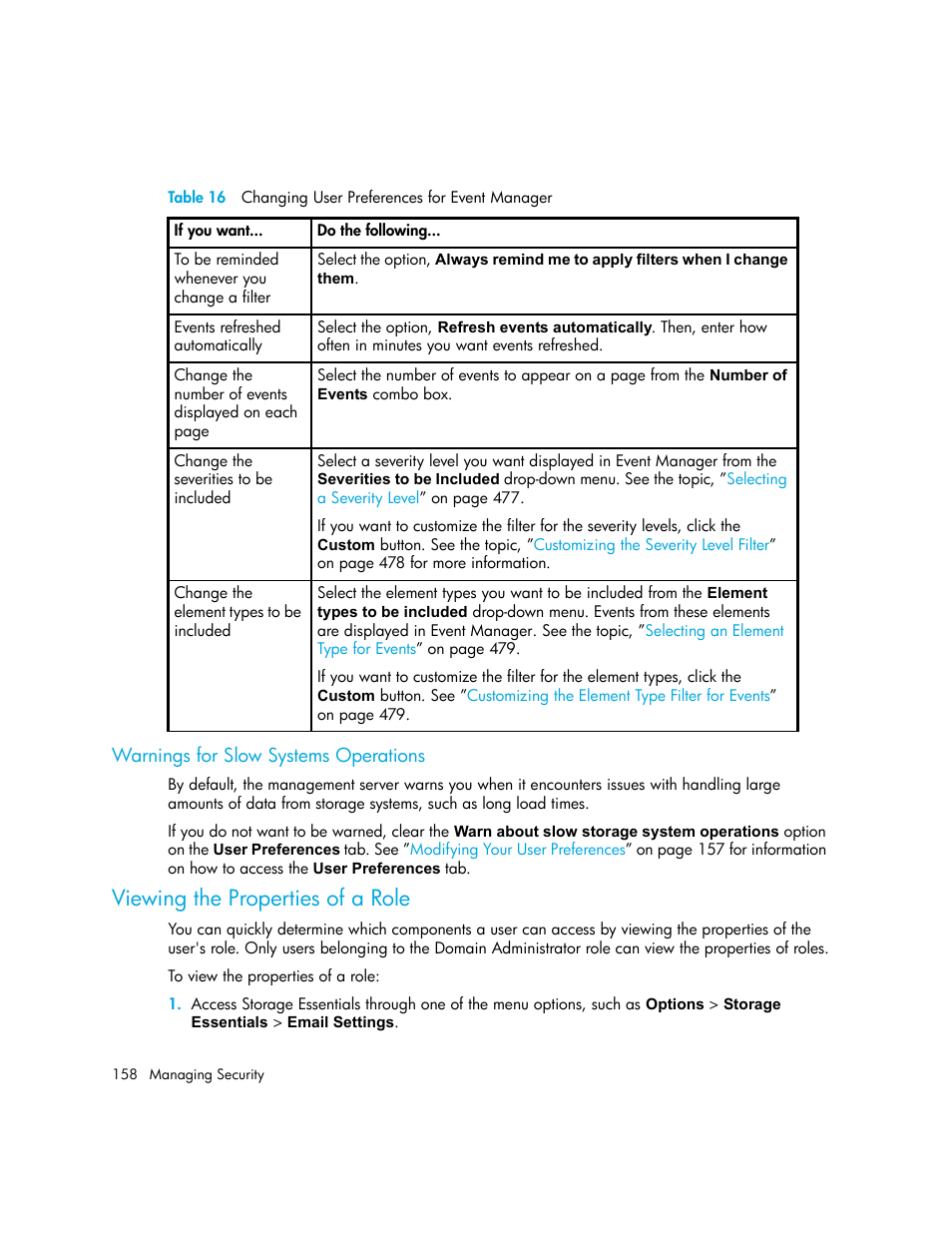 Warnings for slow systems operations, Viewing the properties of a role, 16 changing user preferences for event manager | HP Storage Essentials NAS Manager Software User Manual | Page 190 / 770