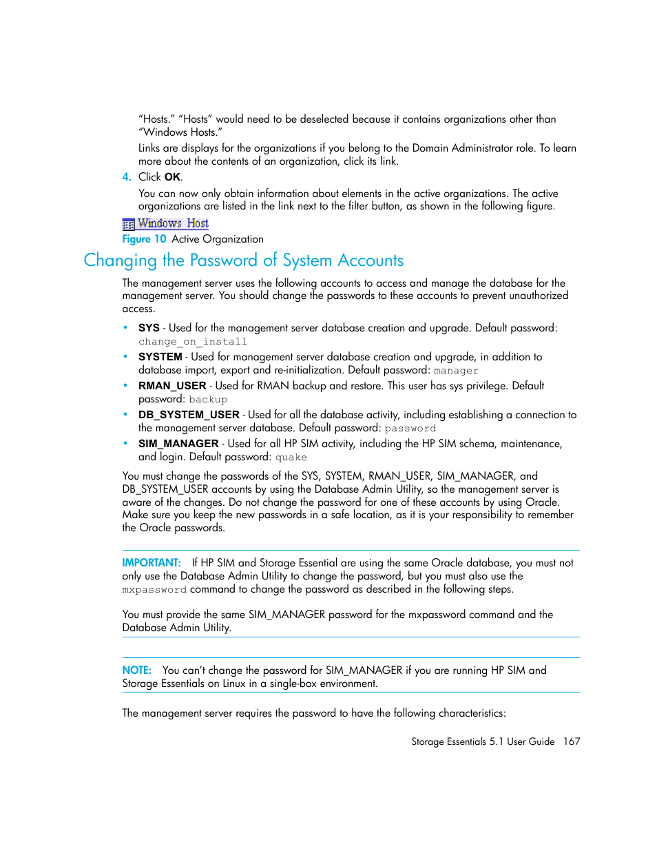 Changing the password of system accounts, 10 active organization | HP Storage Essentials NAS Manager Software User Manual | Page 199 / 770