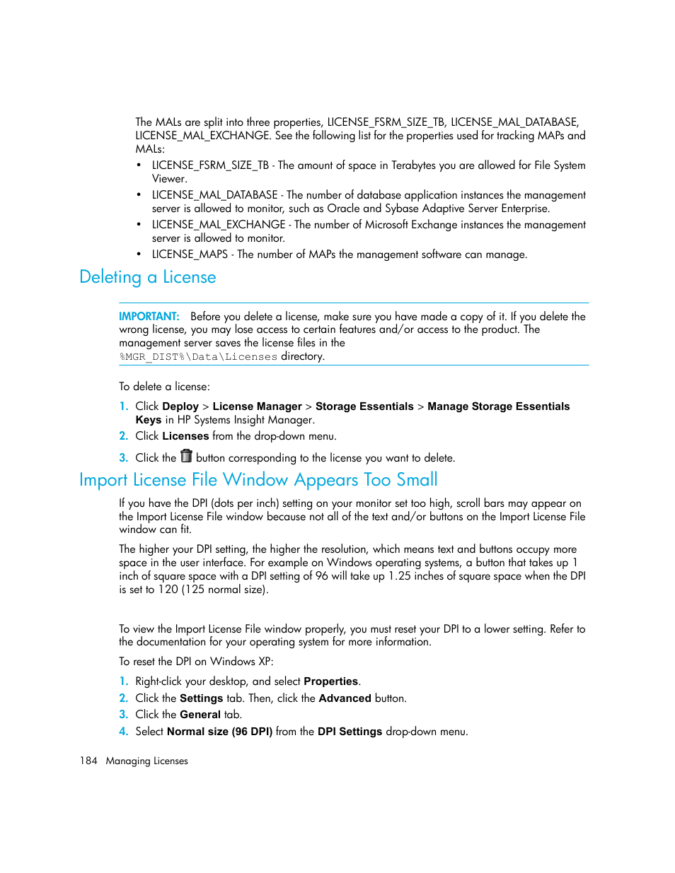 Deleting a license, Import license file window appears too small | HP Storage Essentials NAS Manager Software User Manual | Page 216 / 770