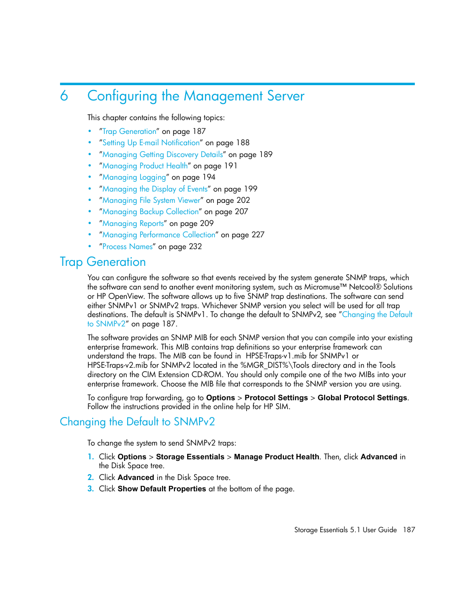 Configuring the management server, 6 configuring the management server, Trap generation | Changing the default to snmpv2, 6configuring the management server | HP Storage Essentials NAS Manager Software User Manual | Page 219 / 770