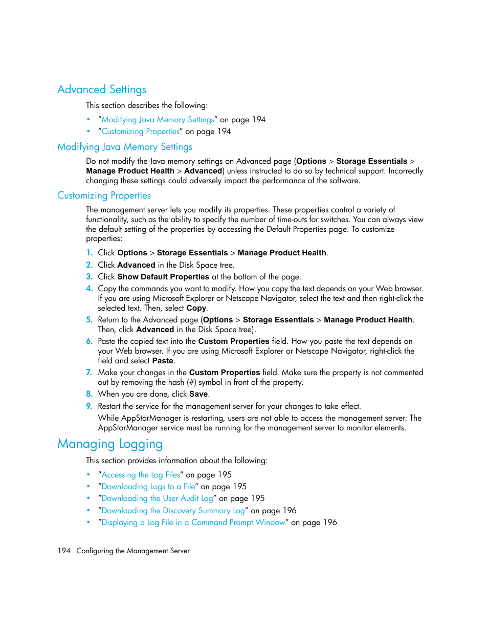 Advanced settings, Modifying java memory settings, Customizing properties | Managing logging | HP Storage Essentials NAS Manager Software User Manual | Page 226 / 770