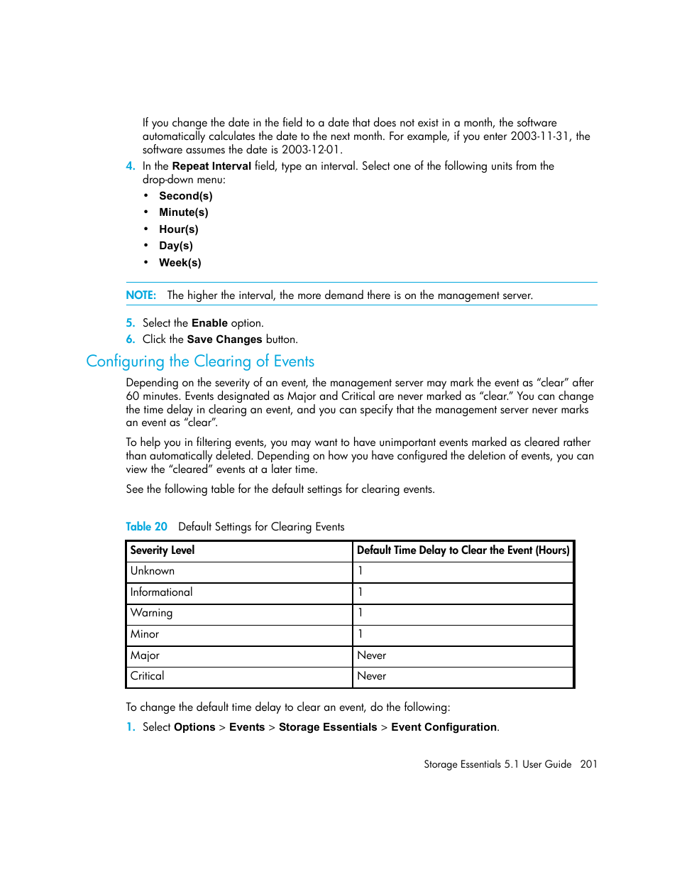 Configuring the clearing of events, 20 default settings for clearing events | HP Storage Essentials NAS Manager Software User Manual | Page 233 / 770