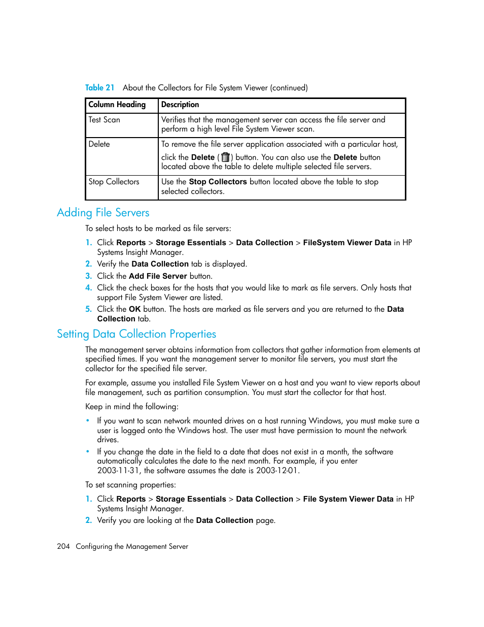 Adding file servers, Setting data collection properties, Setting | Data collection properties | HP Storage Essentials NAS Manager Software User Manual | Page 236 / 770