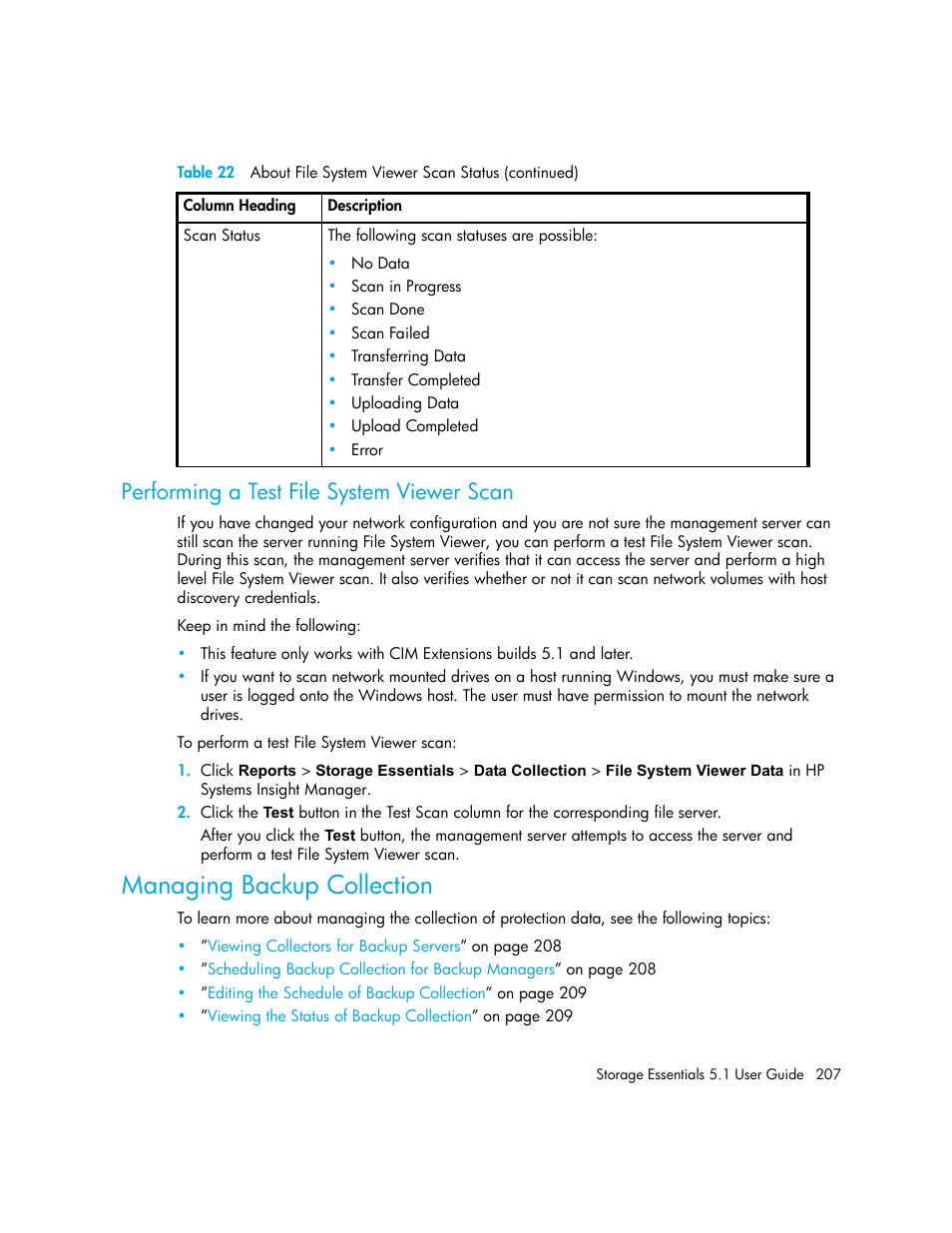 Performing a test file system viewer scan, Managing backup collection | HP Storage Essentials NAS Manager Software User Manual | Page 239 / 770