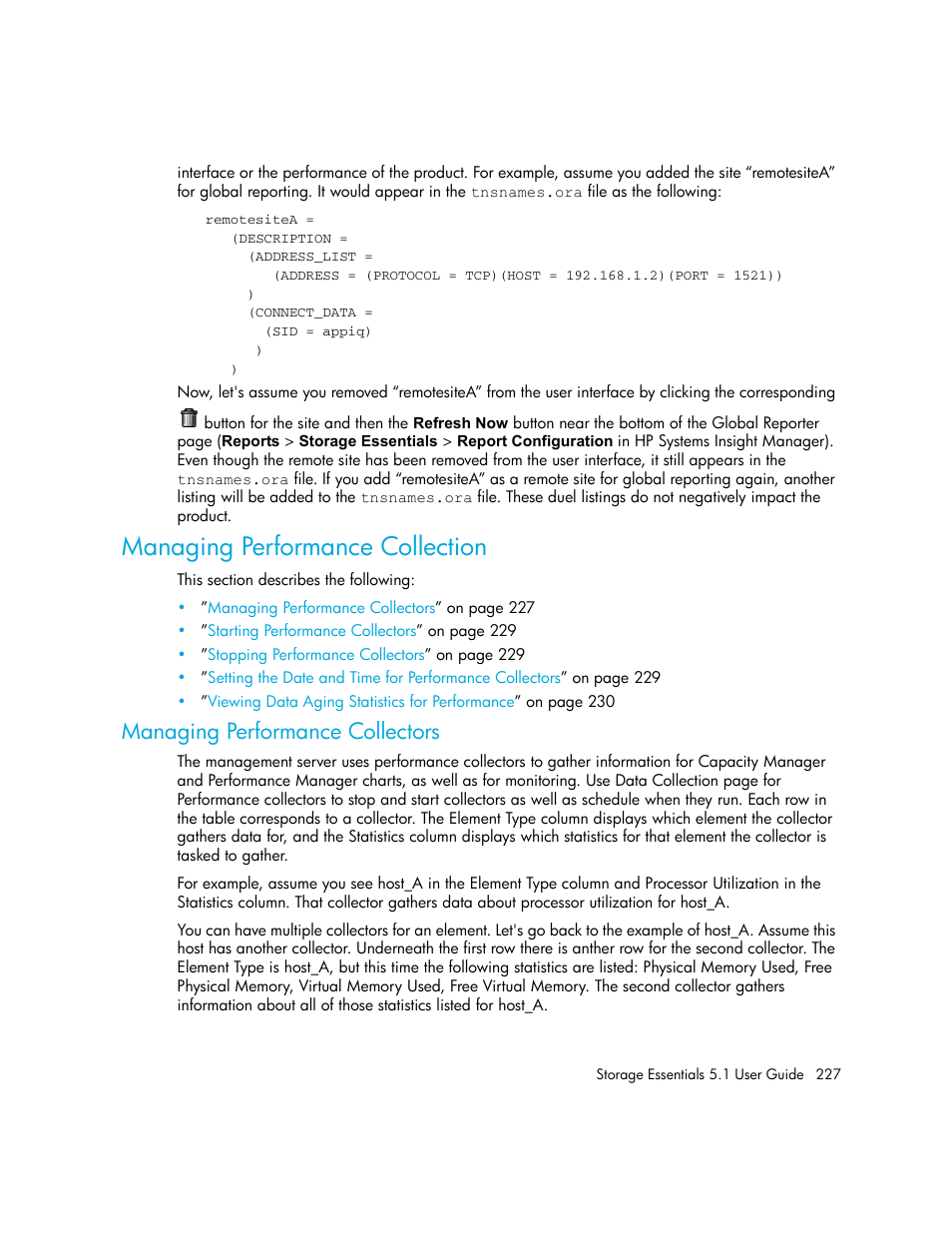 Managing performance collection, Managing performance collectors | HP Storage Essentials NAS Manager Software User Manual | Page 259 / 770