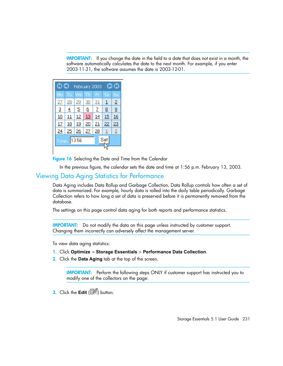 Viewing data aging statistics for performance, 16 selecting the date and time from the calendar | HP Storage Essentials NAS Manager Software User Manual | Page 263 / 770