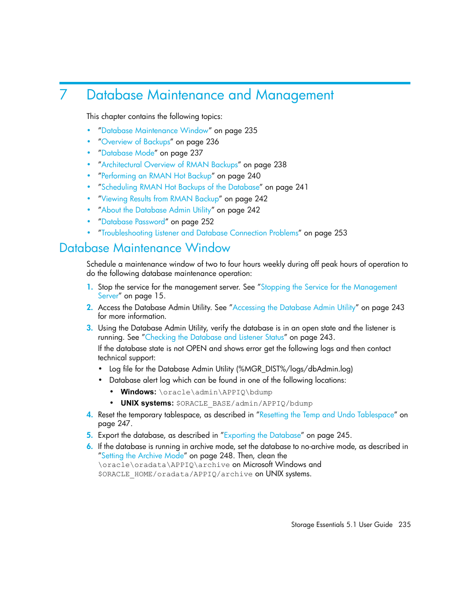 Database maintenance and management, 7 database maintenance and management, Database maintenance window | 7database maintenance and management | HP Storage Essentials NAS Manager Software User Manual | Page 267 / 770