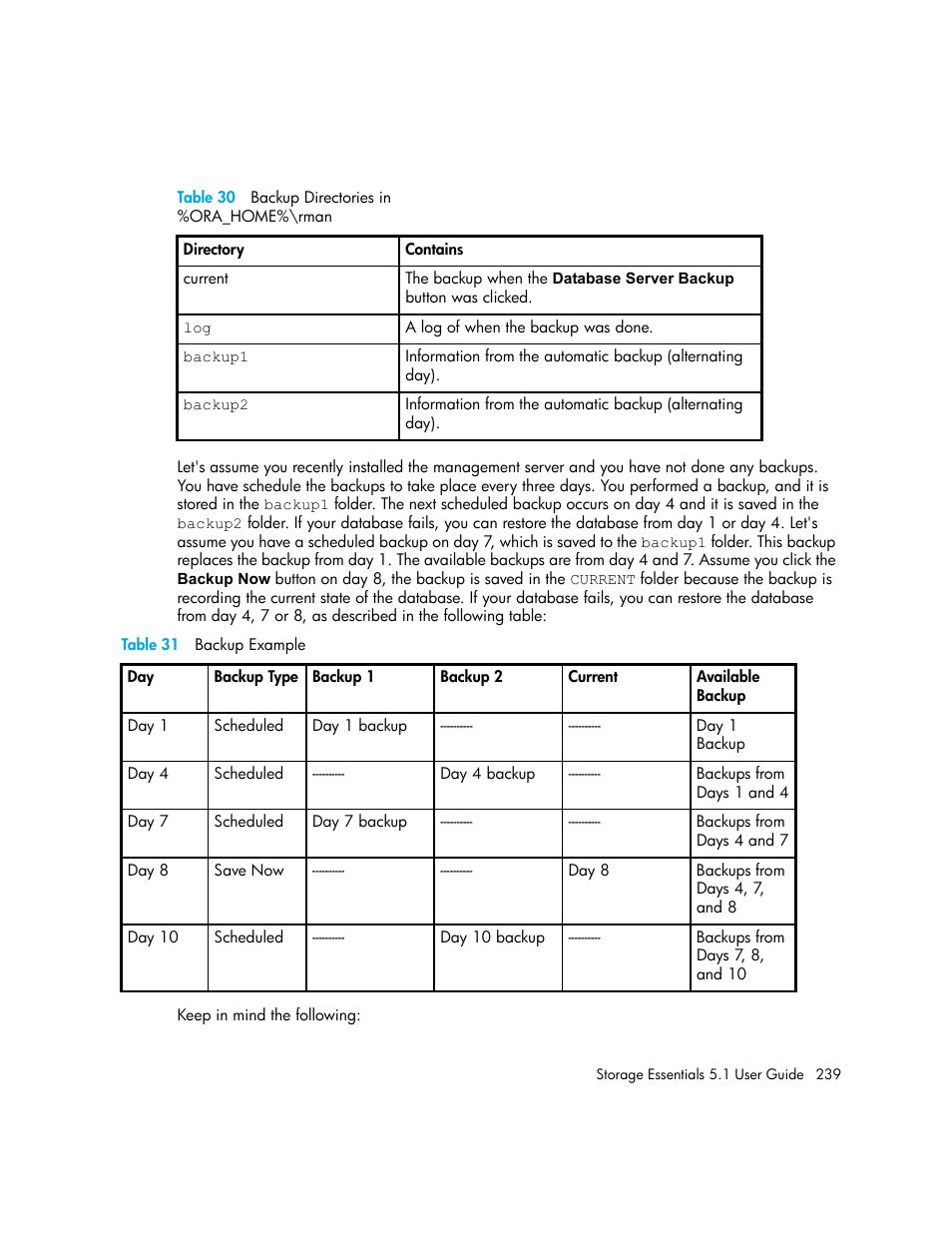 30 backup directories in, Ora_home%\rman239, 31 backup example | HP Storage Essentials NAS Manager Software User Manual | Page 271 / 770