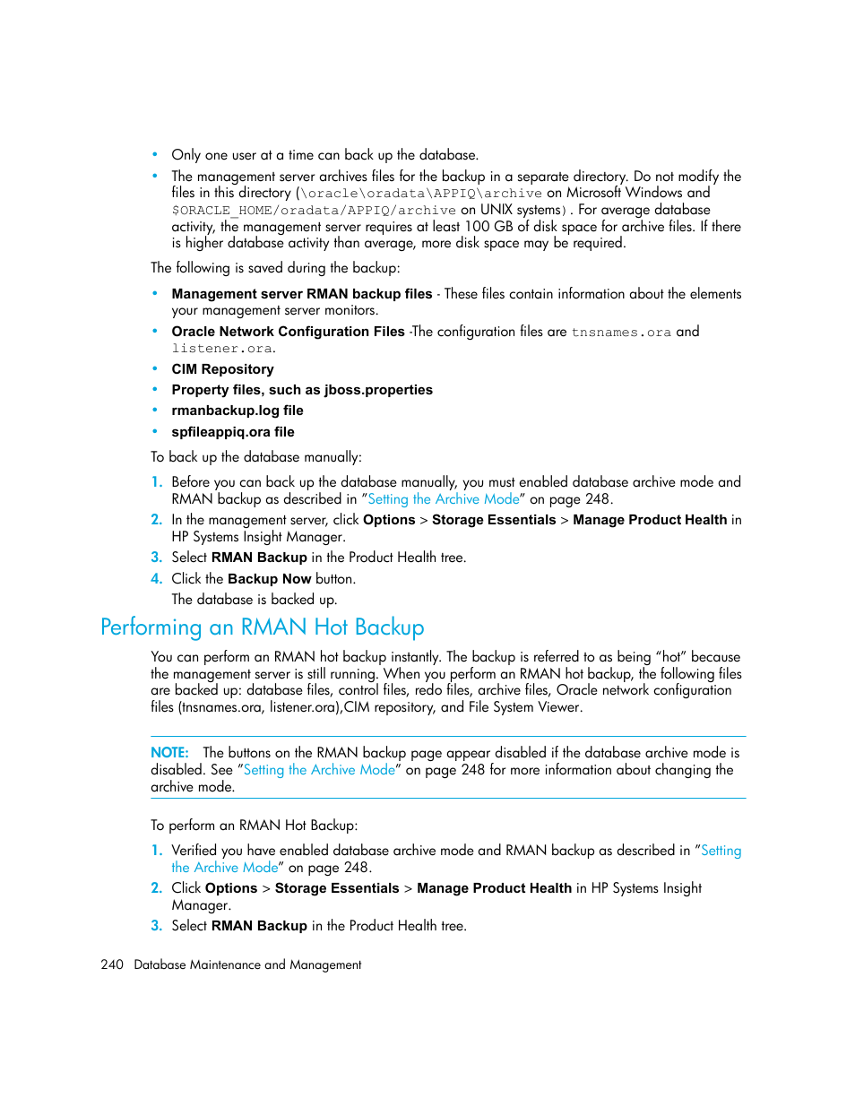 Performing an rman hot backup, D in | HP Storage Essentials NAS Manager Software User Manual | Page 272 / 770