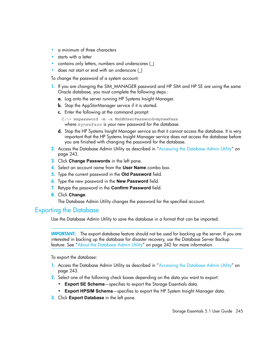 Exporting the database, Exporting, The database | Exporting the, Database | HP Storage Essentials NAS Manager Software User Manual | Page 277 / 770