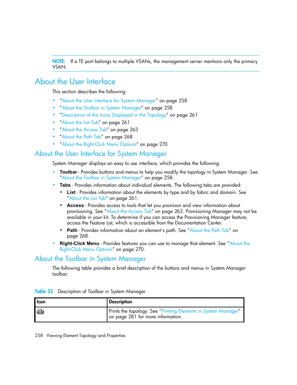 About the user interface, About the user interface for system manager, About the toolbar in system manager | 33 description of toolbar in system manager, Table 33 | HP Storage Essentials NAS Manager Software User Manual | Page 290 / 770