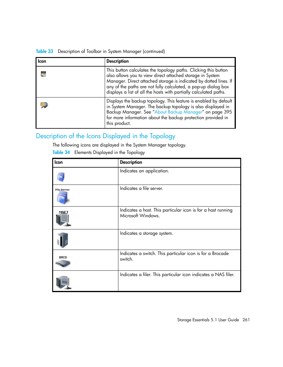 Description of the icons displayed in the topology, 34 elements displayed in the topology | HP Storage Essentials NAS Manager Software User Manual | Page 293 / 770