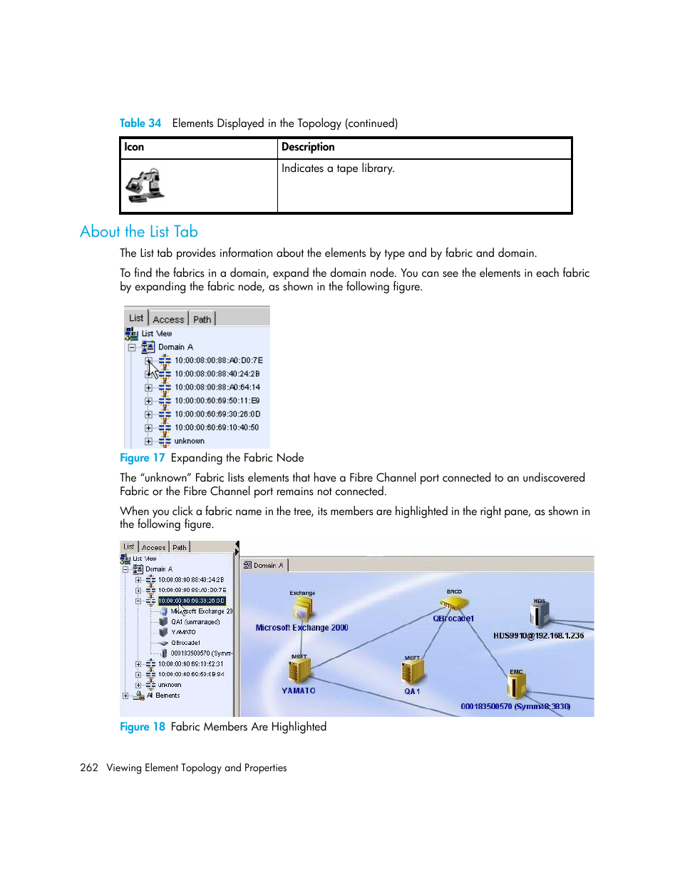 About the list tab, 17 expanding the fabric node, 18 fabric members are highlighted | HP Storage Essentials NAS Manager Software User Manual | Page 294 / 770