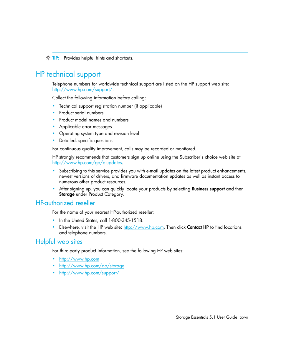 Hp technical support, Hp-authorized reseller, Helpful web sites | HP Storage Essentials NAS Manager Software User Manual | Page 31 / 770