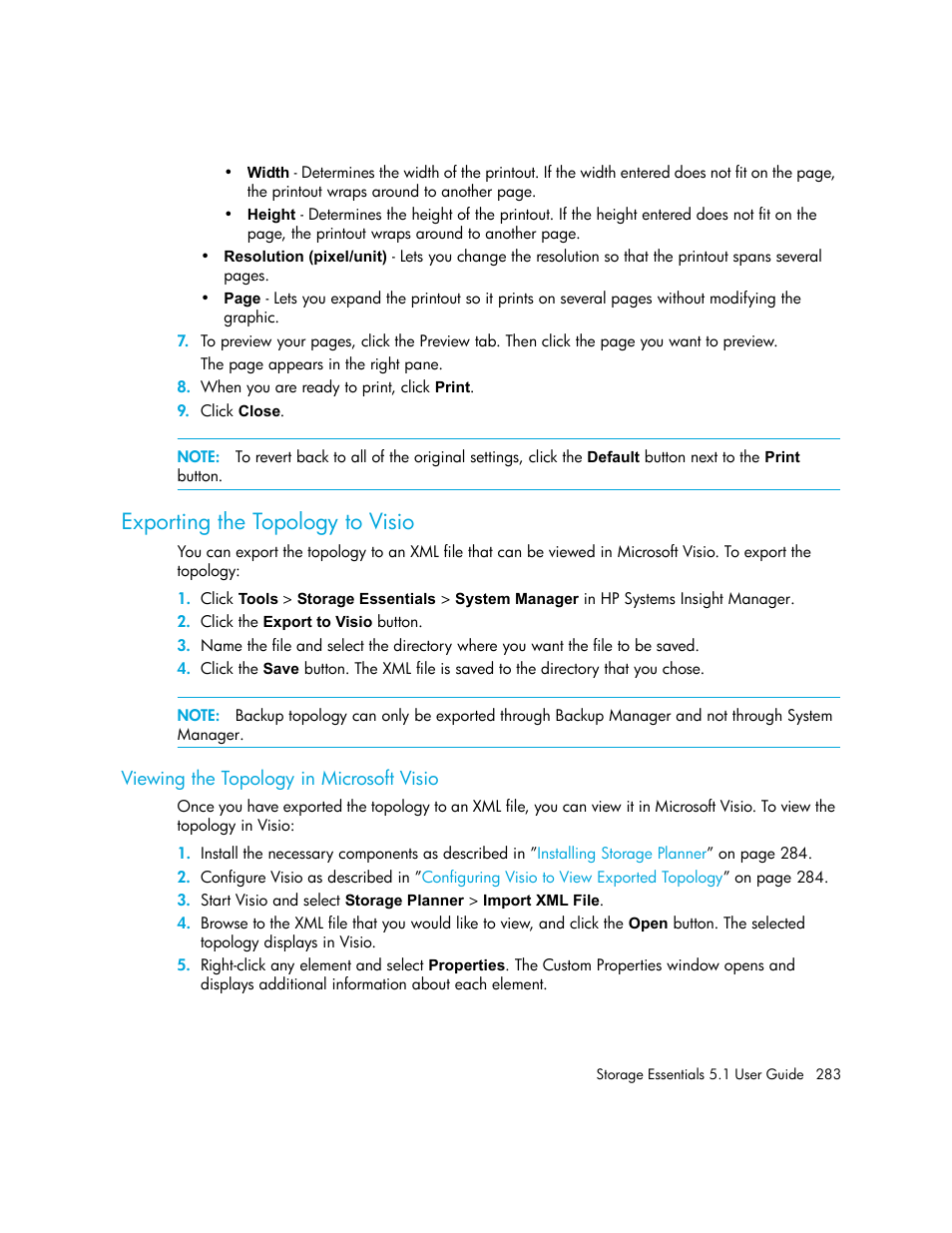 Exporting the topology to visio, Viewing the topology in microsoft visio | HP Storage Essentials NAS Manager Software User Manual | Page 315 / 770