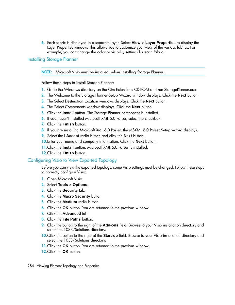 Installing storage planner, Configuring visio to view exported topology | HP Storage Essentials NAS Manager Software User Manual | Page 316 / 770