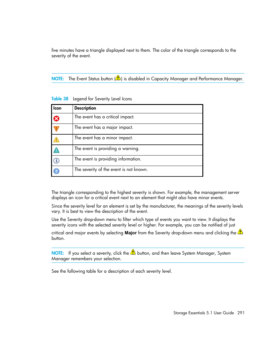 38 legend for severity level icons | HP Storage Essentials NAS Manager Software User Manual | Page 323 / 770