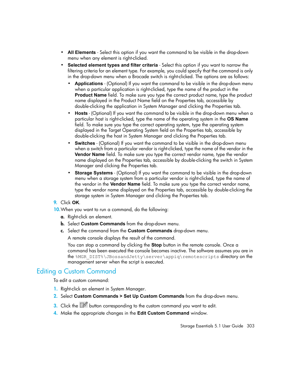 Editing a custom command | HP Storage Essentials NAS Manager Software User Manual | Page 335 / 770