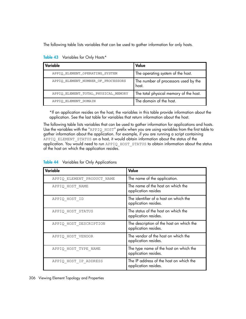 43 variables for only hosts, 44 variables for only applications | HP Storage Essentials NAS Manager Software User Manual | Page 338 / 770