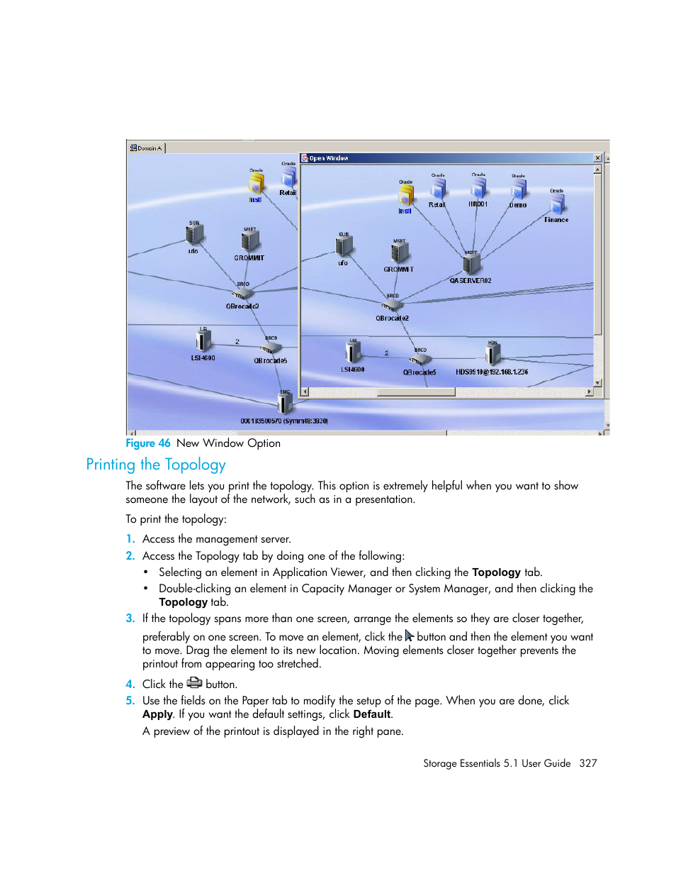 Printing the topology, 46 new window option | HP Storage Essentials NAS Manager Software User Manual | Page 359 / 770