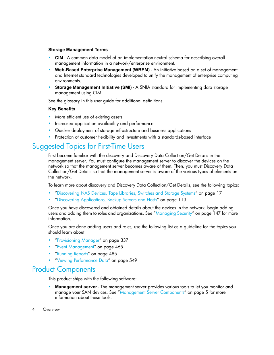 Suggested topics for first-time users, Product components | HP Storage Essentials NAS Manager Software User Manual | Page 36 / 770