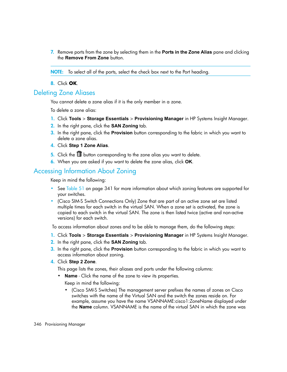 Deleting zone aliases, Accessing information about zoning | HP Storage Essentials NAS Manager Software User Manual | Page 378 / 770