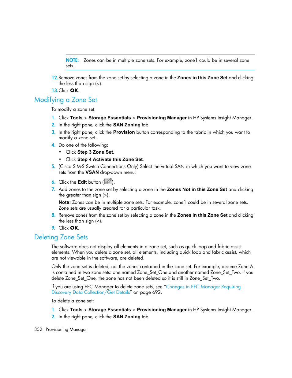 Modifying a zone set, Deleting zone sets, Deleting | Zone sets | HP Storage Essentials NAS Manager Software User Manual | Page 384 / 770