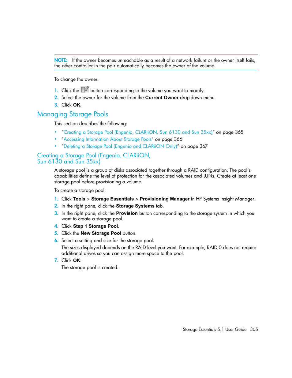 Managing storage pools, Creating a storage pool (engenio, clariion, Sun 6130 and sun 35xx) | Creating a storage pool (engenio, Clariion, sun 6130 and sun 35xx) | HP Storage Essentials NAS Manager Software User Manual | Page 397 / 770