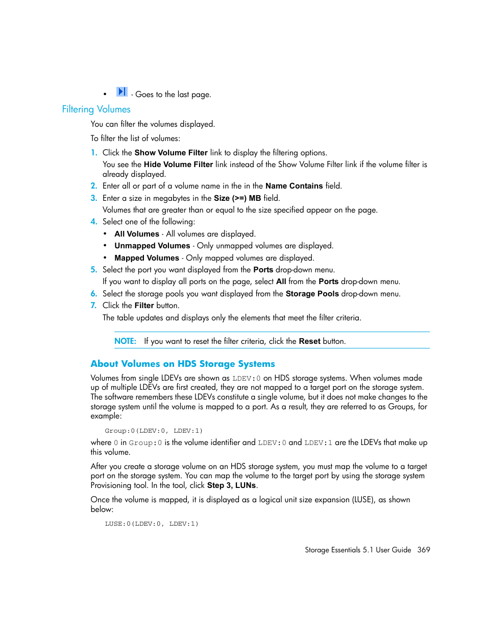 Filtering volumes, About volumes on hds storage systems | HP Storage Essentials NAS Manager Software User Manual | Page 401 / 770