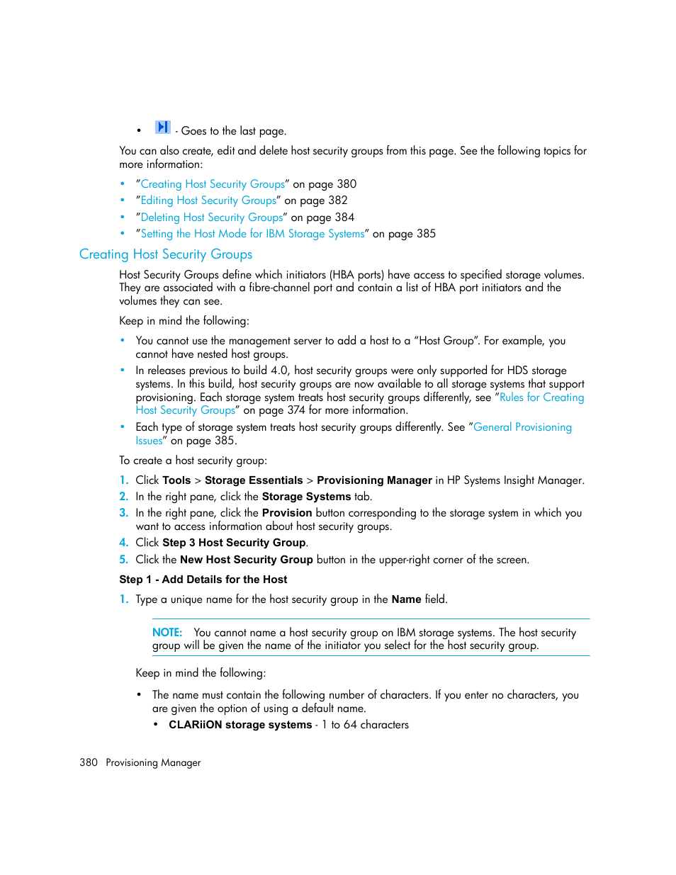 Creating host security groups, Creating host, Security groups | Creating, Host security groups | HP Storage Essentials NAS Manager Software User Manual | Page 412 / 770