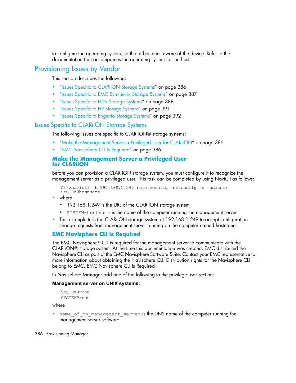 Provisioning issues by vendor, Issues specific to clariion storage systems, Make the management server a privileged user | For clariion, Emc navisphere cli is required | HP Storage Essentials NAS Manager Software User Manual | Page 418 / 770