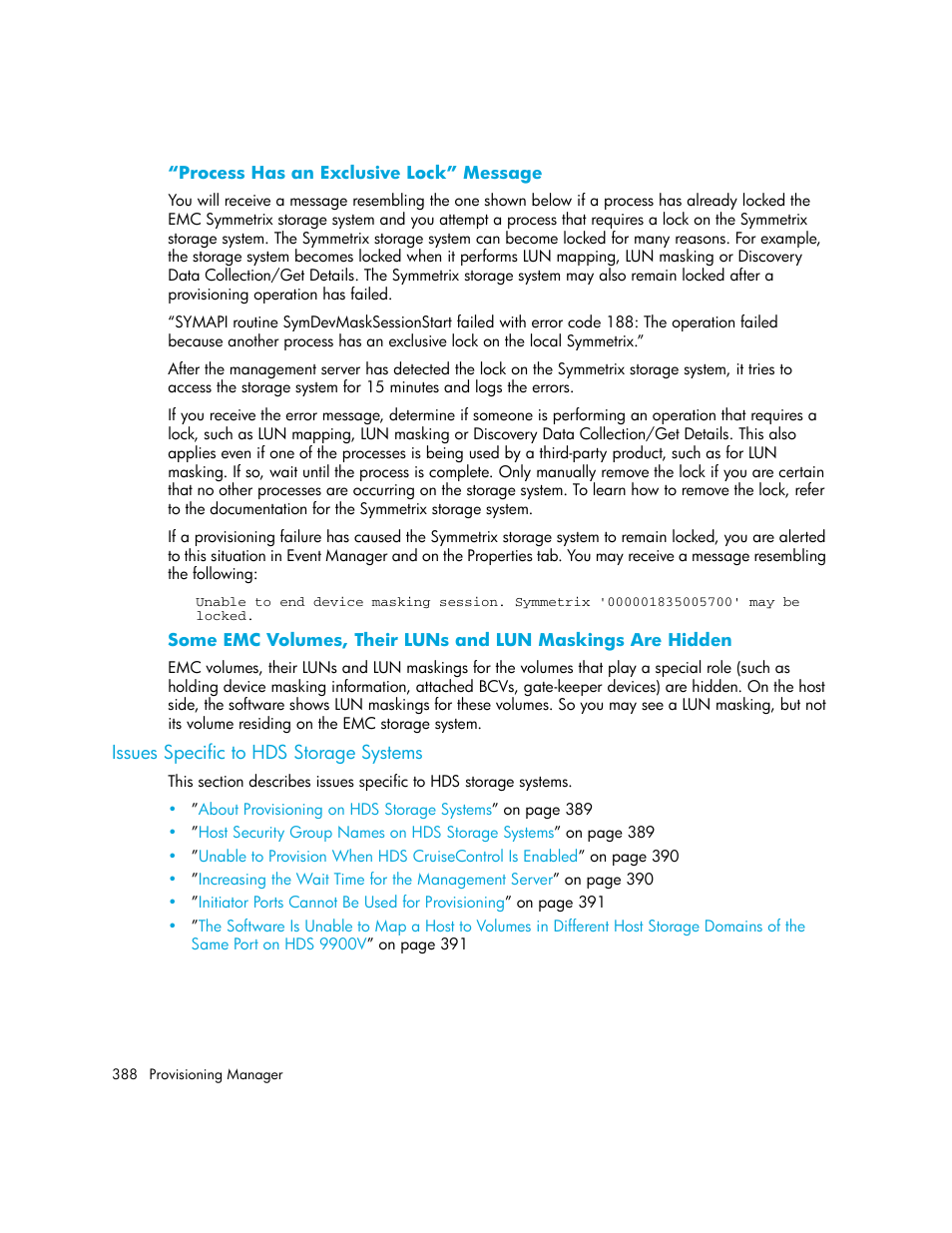 Process has an exclusive lock” message, Issues specific to hds storage systems | HP Storage Essentials NAS Manager Software User Manual | Page 420 / 770