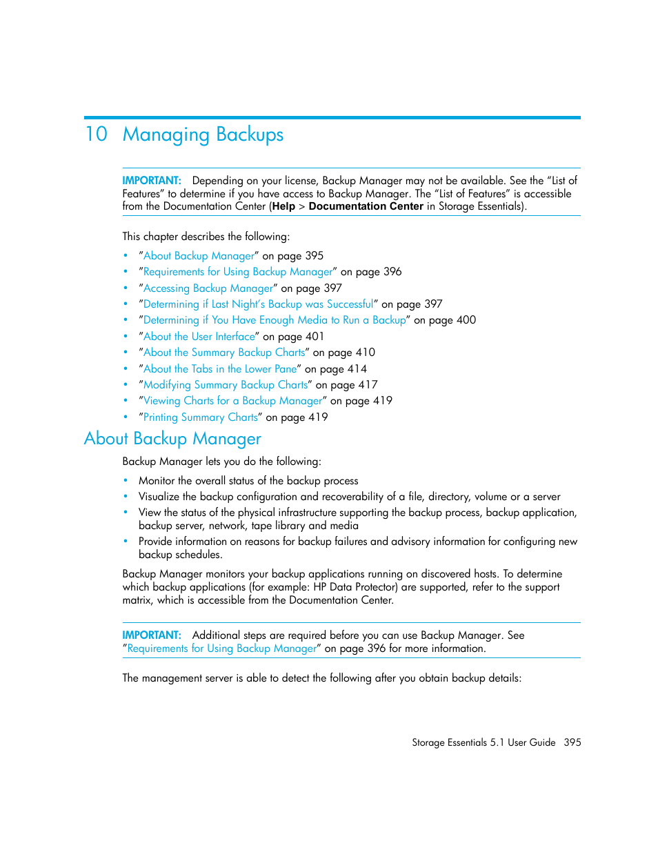 Managing backups, 10managing backups, About backup manager | 10 managing backups | HP Storage Essentials NAS Manager Software User Manual | Page 427 / 770