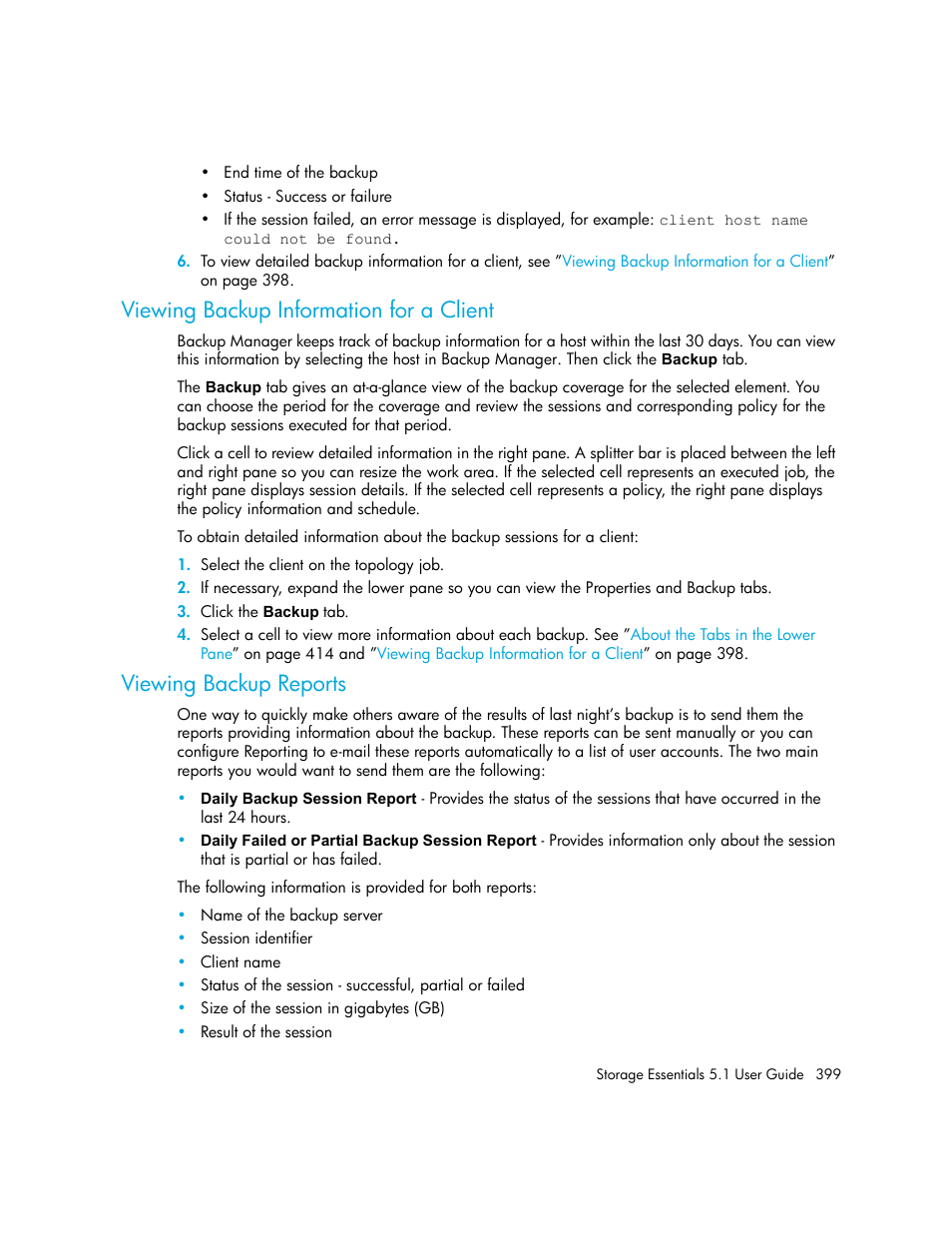 Viewing backup information for a client, Viewing backup reports | HP Storage Essentials NAS Manager Software User Manual | Page 431 / 770