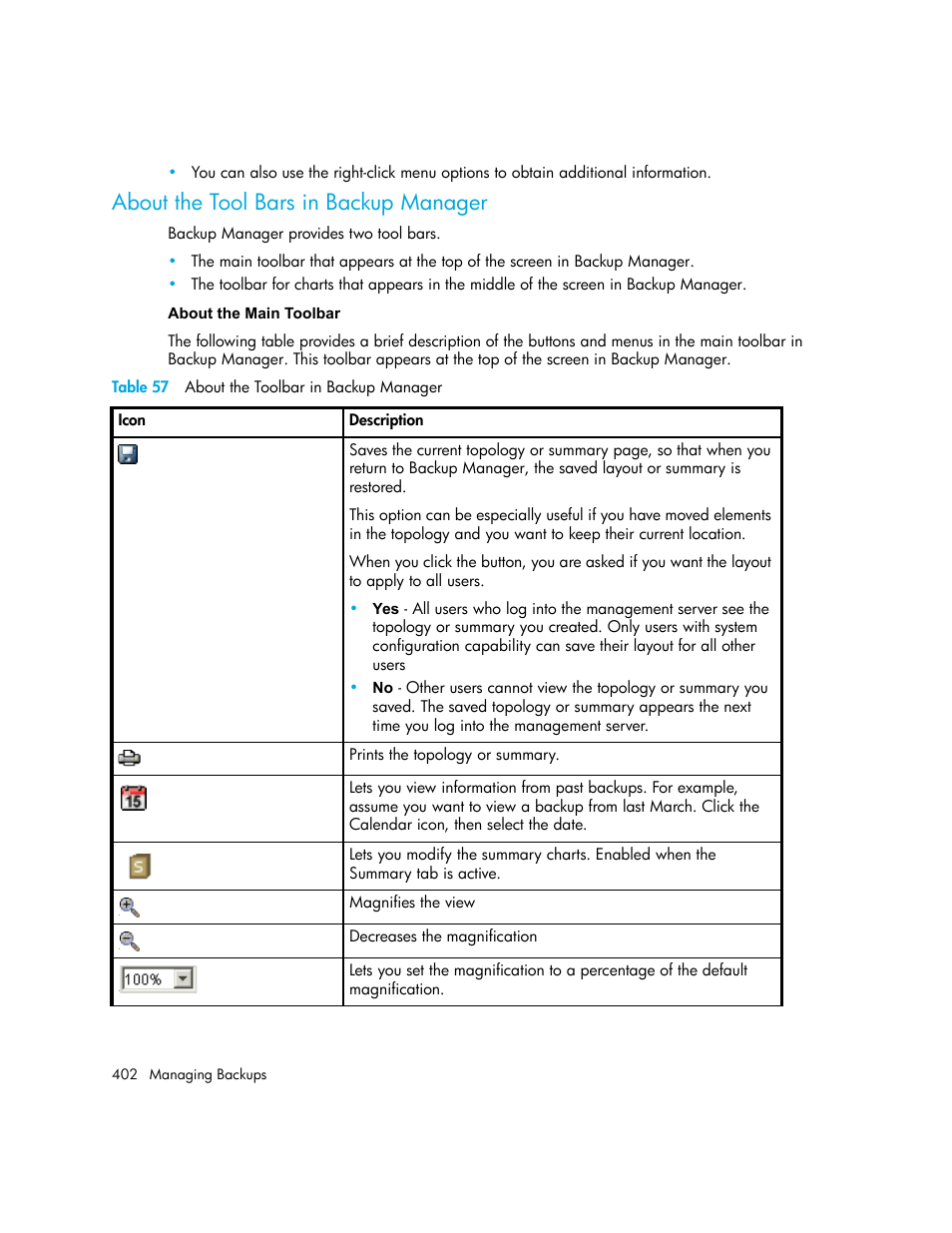 About the tool bars in backup manager, 57 about the toolbar in backup manager | HP Storage Essentials NAS Manager Software User Manual | Page 434 / 770