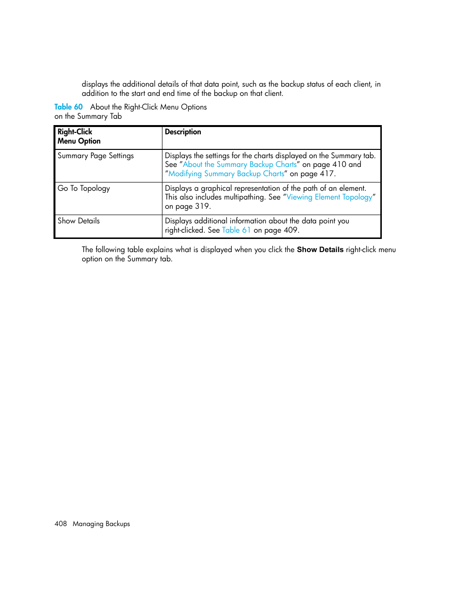 60 about the right-click menu options, On the summary tab408 | HP Storage Essentials NAS Manager Software User Manual | Page 440 / 770