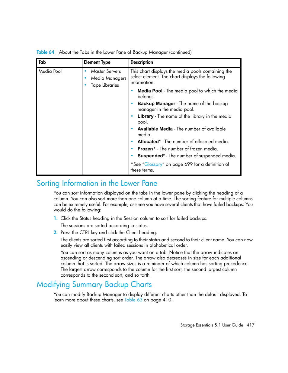 Sorting information in the lower pane, Modifying summary backup charts | HP Storage Essentials NAS Manager Software User Manual | Page 449 / 770