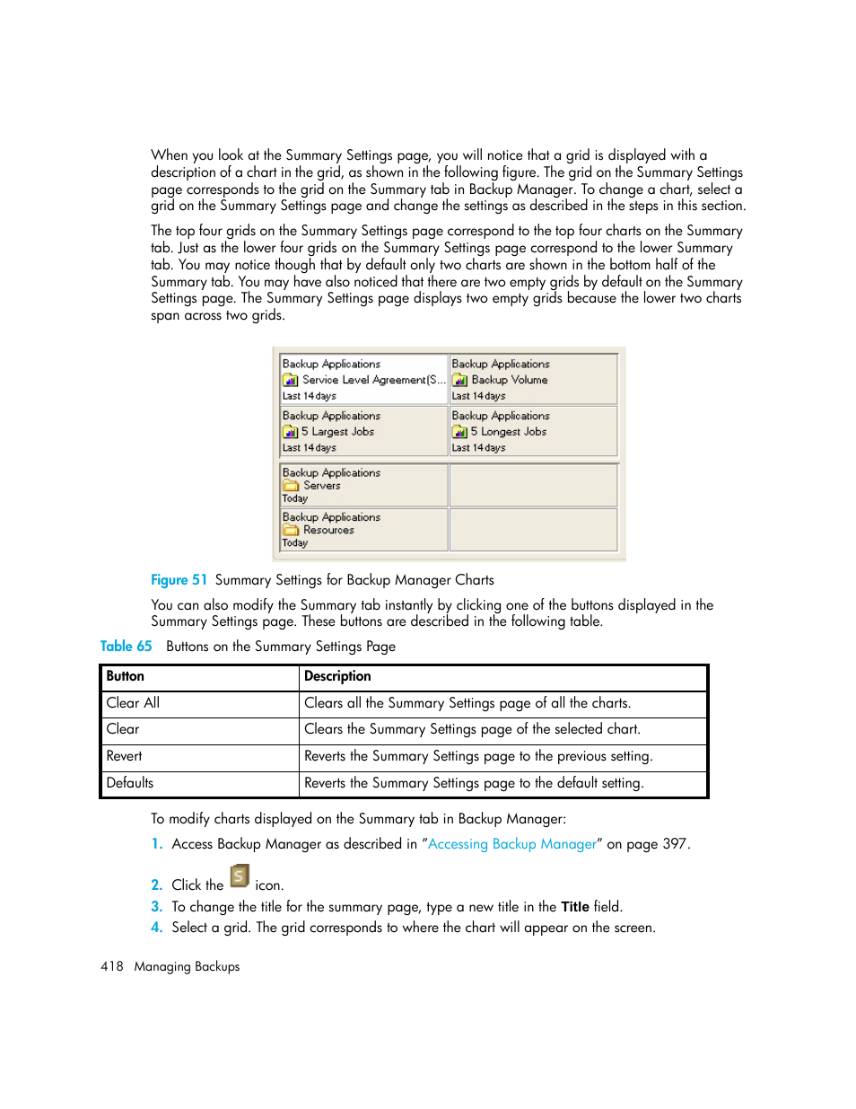 51 summary settings for backup manager charts | HP Storage Essentials NAS Manager Software User Manual | Page 450 / 770