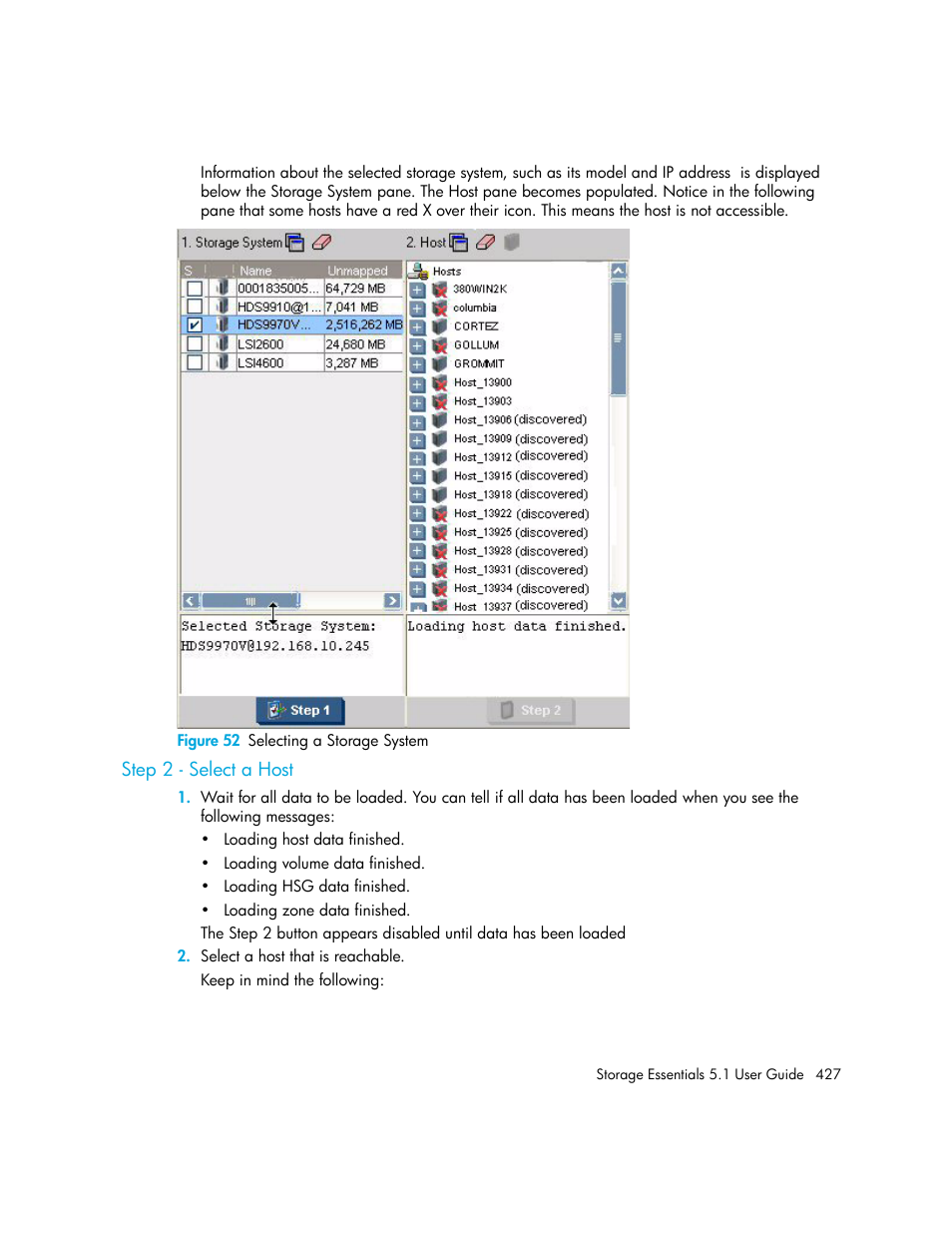 Step 2 - select a host, 52 selecting a storage system | HP Storage Essentials NAS Manager Software User Manual | Page 459 / 770