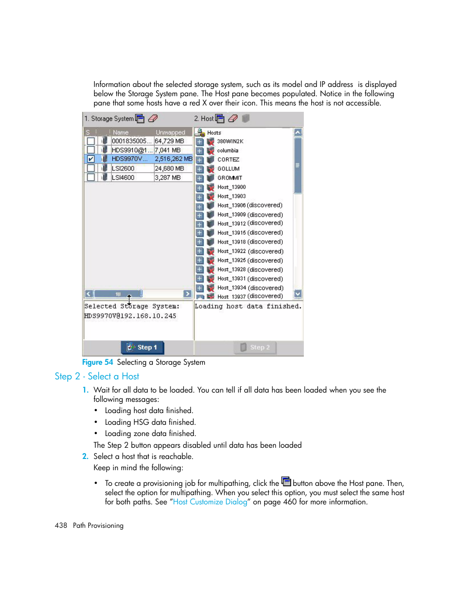 Step 2 - select a host, 54 selecting a storage system | HP Storage Essentials NAS Manager Software User Manual | Page 470 / 770