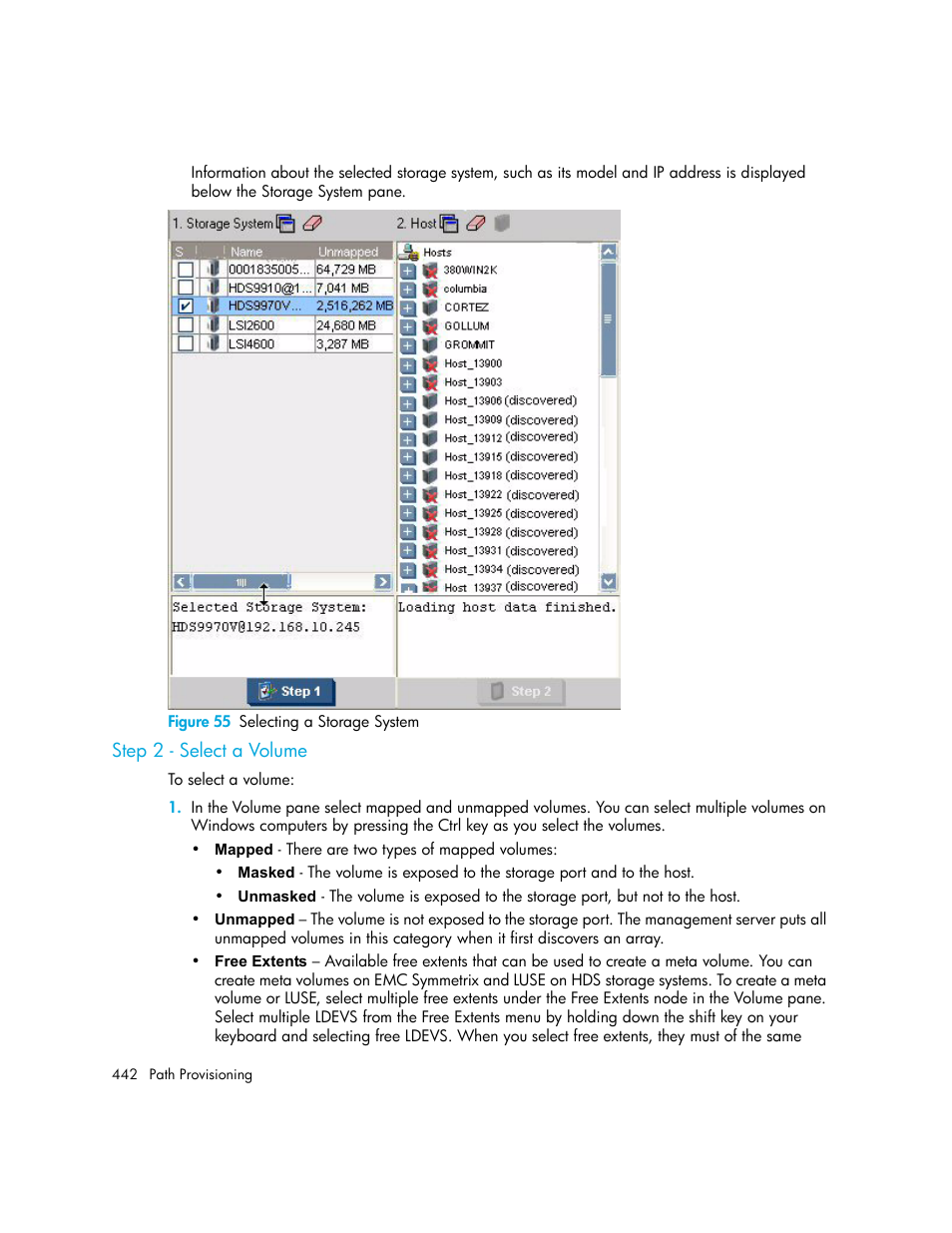 Step 2 - select a volume, 55 selecting a storage system | HP Storage Essentials NAS Manager Software User Manual | Page 474 / 770