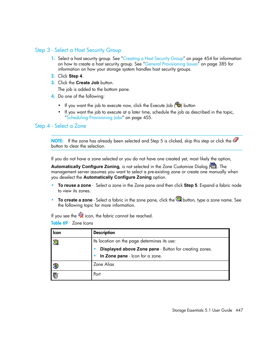 Step 3 - select a host security group, Step 4 - select a zone, 69 zone icons | HP Storage Essentials NAS Manager Software User Manual | Page 479 / 770