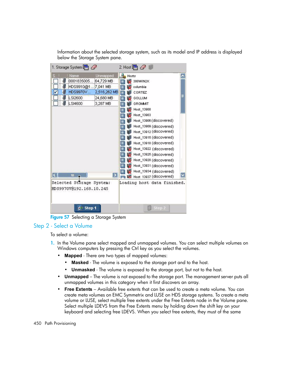 Step 2 - select a volume, 57 selecting a storage system | HP Storage Essentials NAS Manager Software User Manual | Page 482 / 770