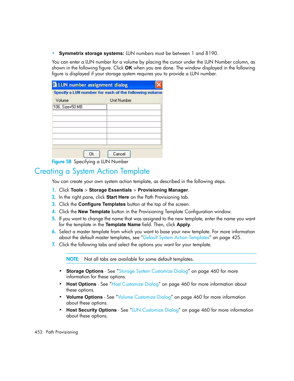 Creating a system action template, 58 specifying a lun number, Creating a | System action template | HP Storage Essentials NAS Manager Software User Manual | Page 484 / 770