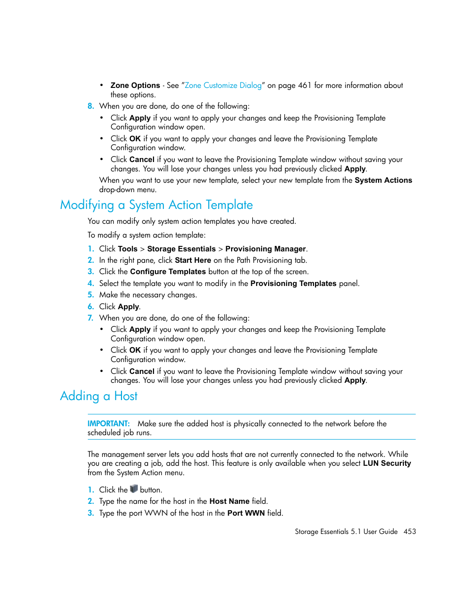 Modifying a system action template, Adding a host | HP Storage Essentials NAS Manager Software User Manual | Page 485 / 770