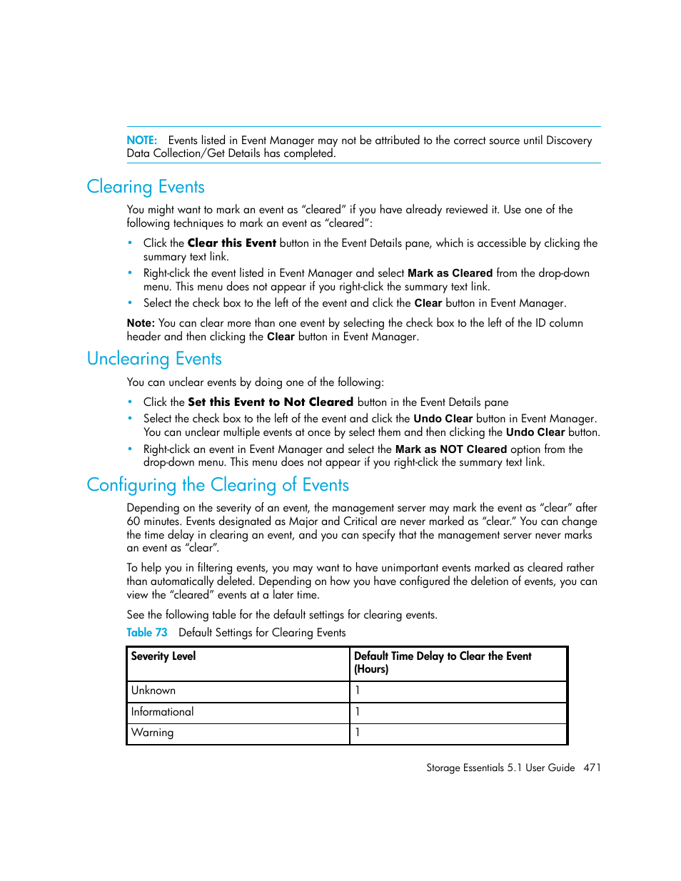 Clearing events, Unclearing events, Configuring the clearing of events | 73 default settings for clearing events | HP Storage Essentials NAS Manager Software User Manual | Page 503 / 770